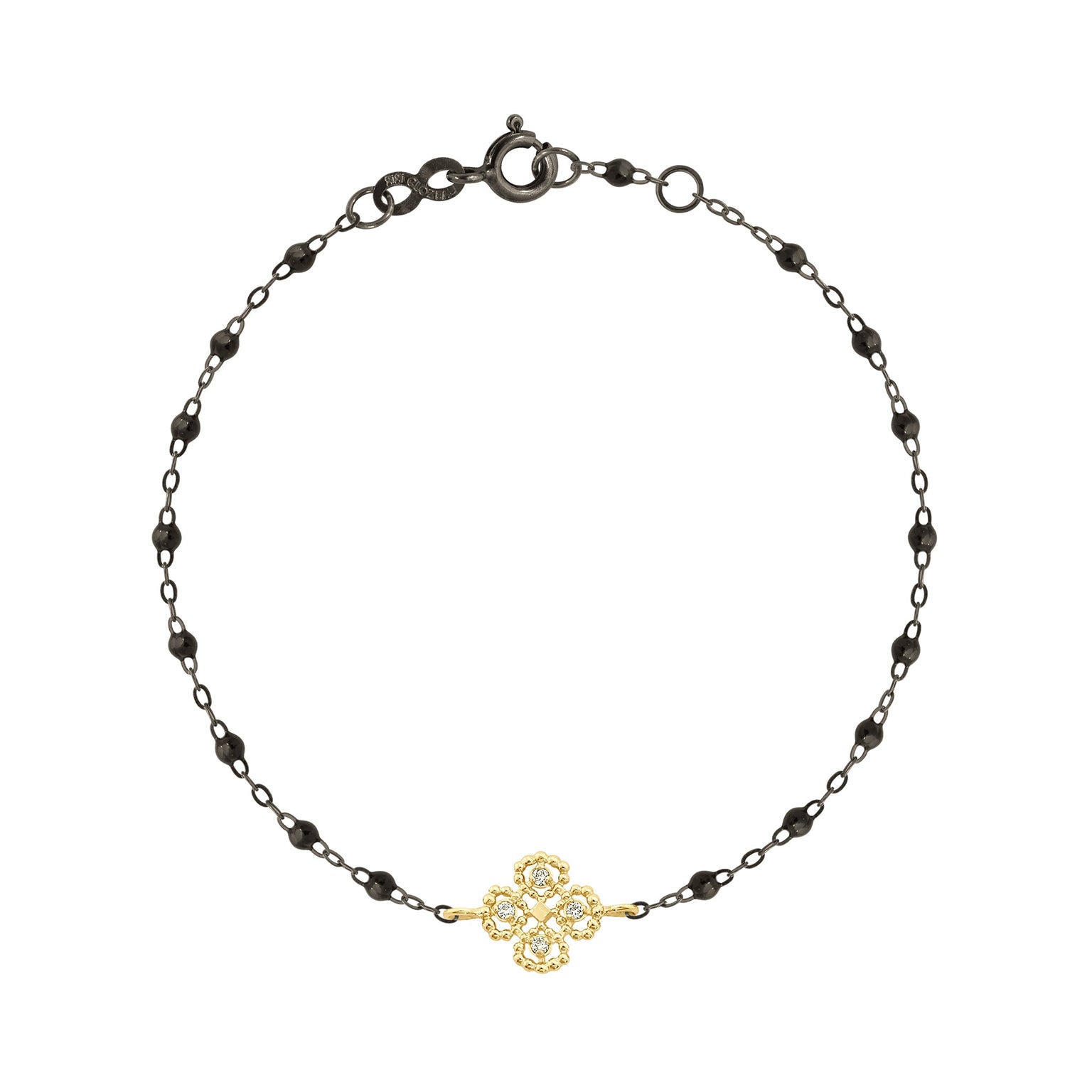 Gigi Clozeau - Bracelet noir Lucky Trèfle, diamants, or noir et jaune, 17 cm