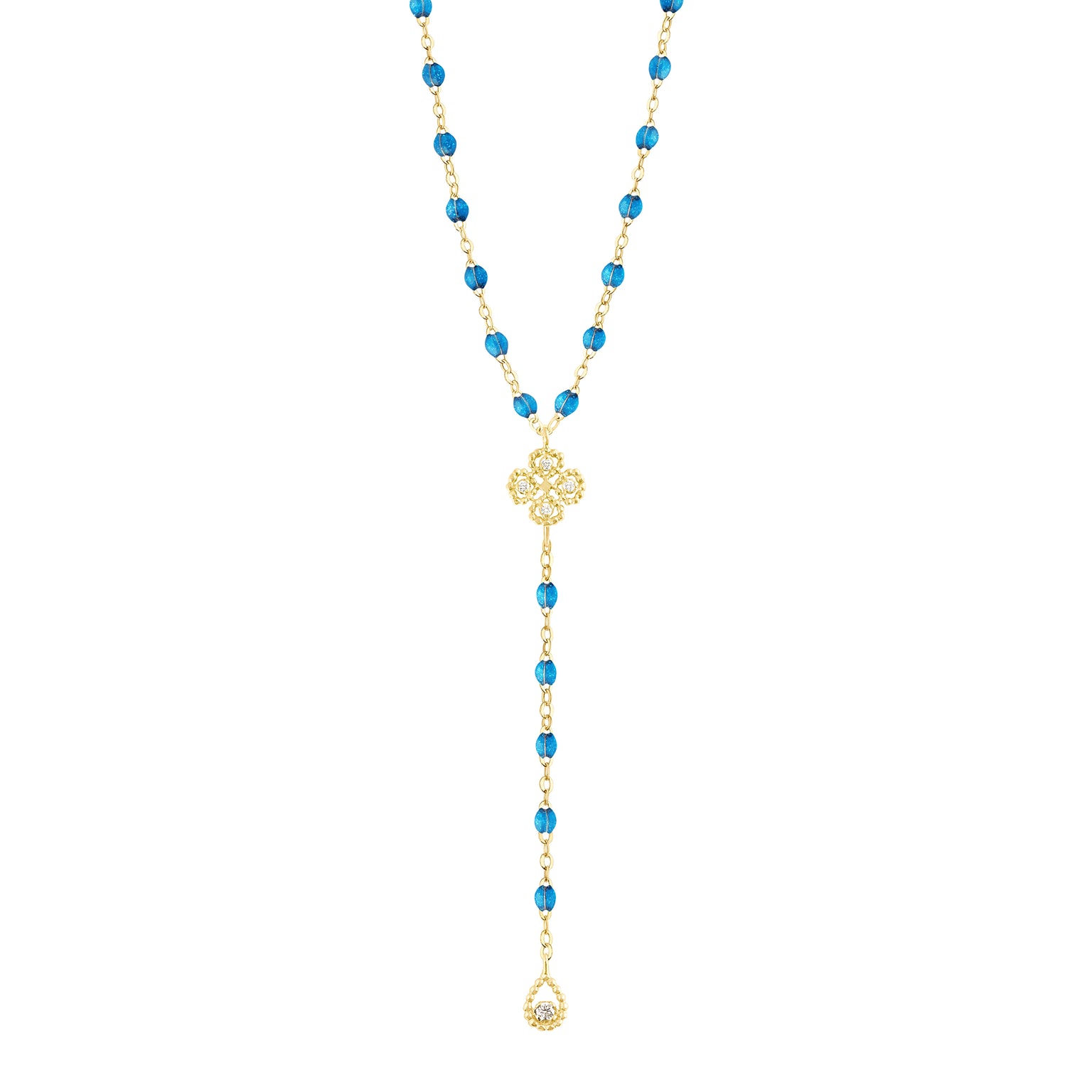 Gigi Clozeau - Chapelet azur Lucky Trèfle, diamants, or jaune, 45 cm