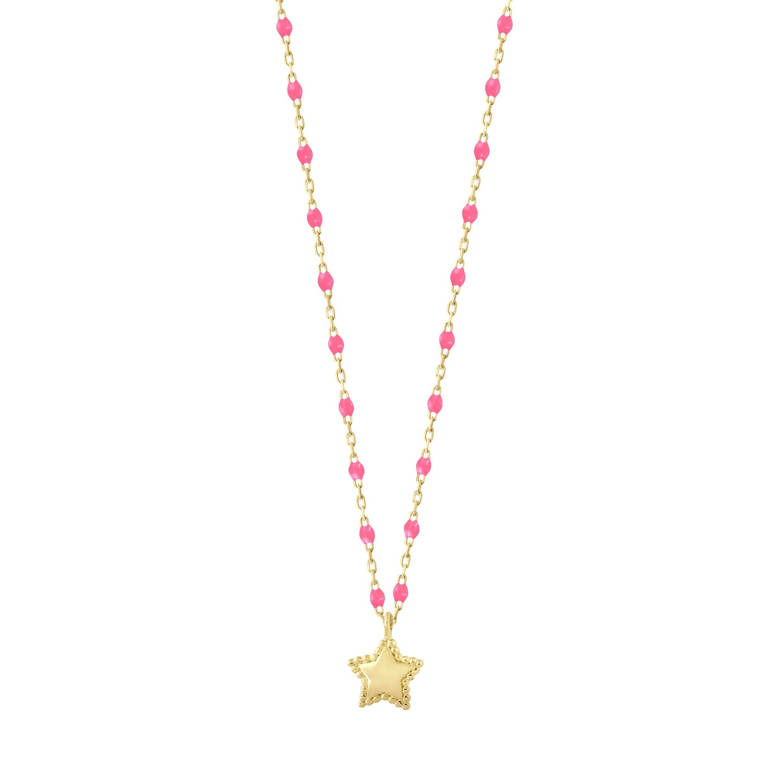 Gigi Clozeau - Collier Étoile Mini Gigi, or jaune et mini perles de résine rose fluo, 40 cm