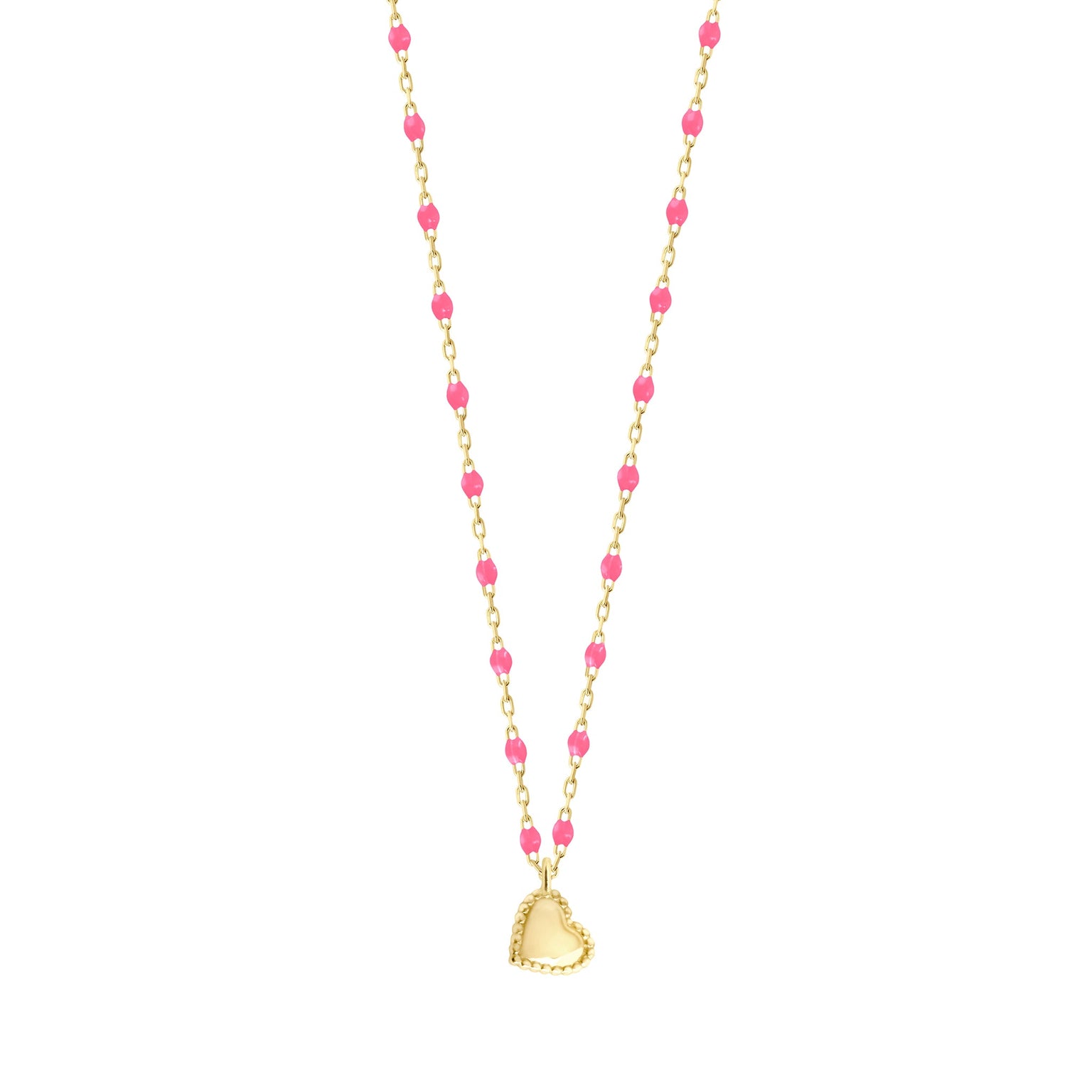 Gigi Clozeau - Collier Lucky Cœur, or jaune et mini perles de résine rose fluo, 40 cm
