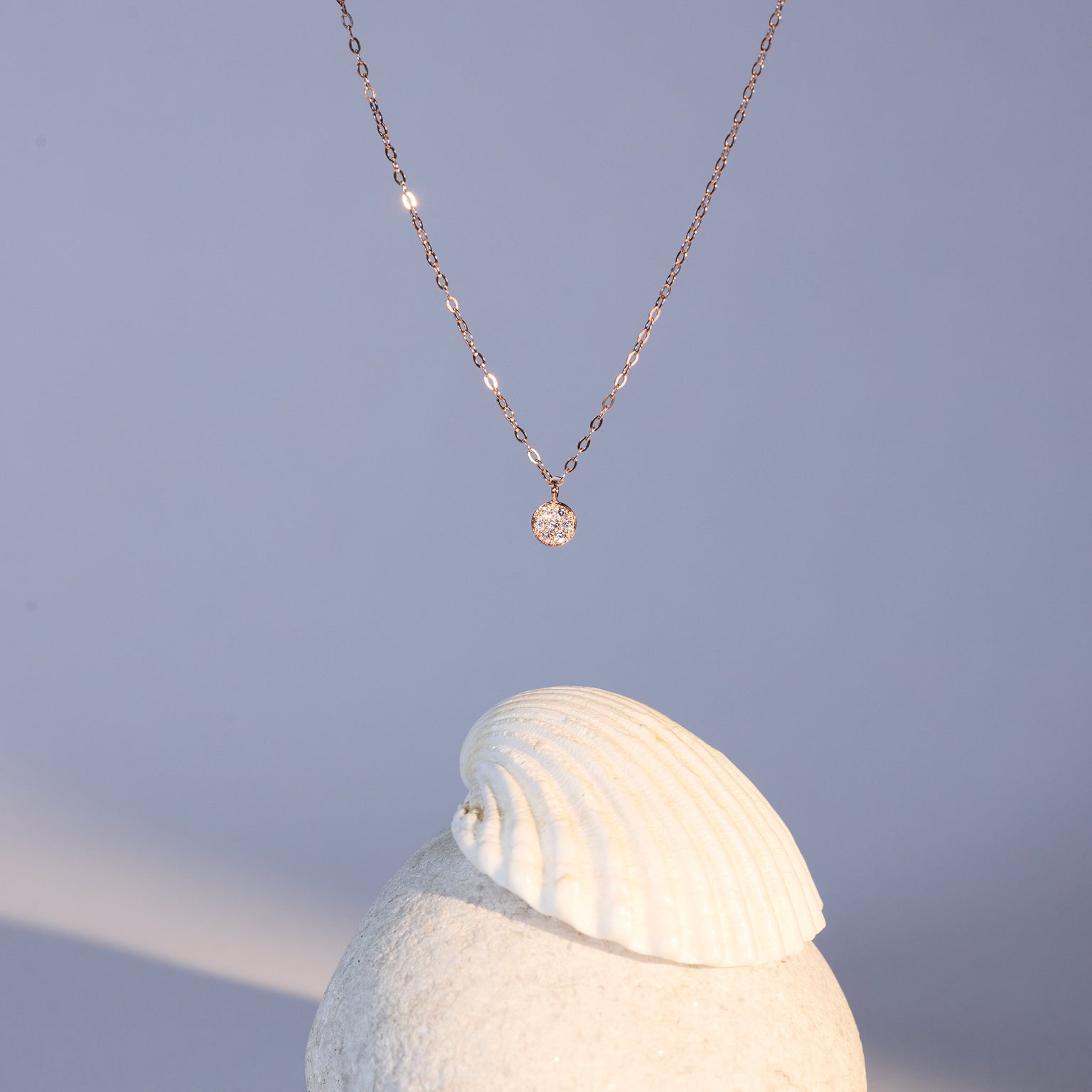 Photo de nature morte d’un collier Pure Gigi Puce Gigi Clozeau suspendu.