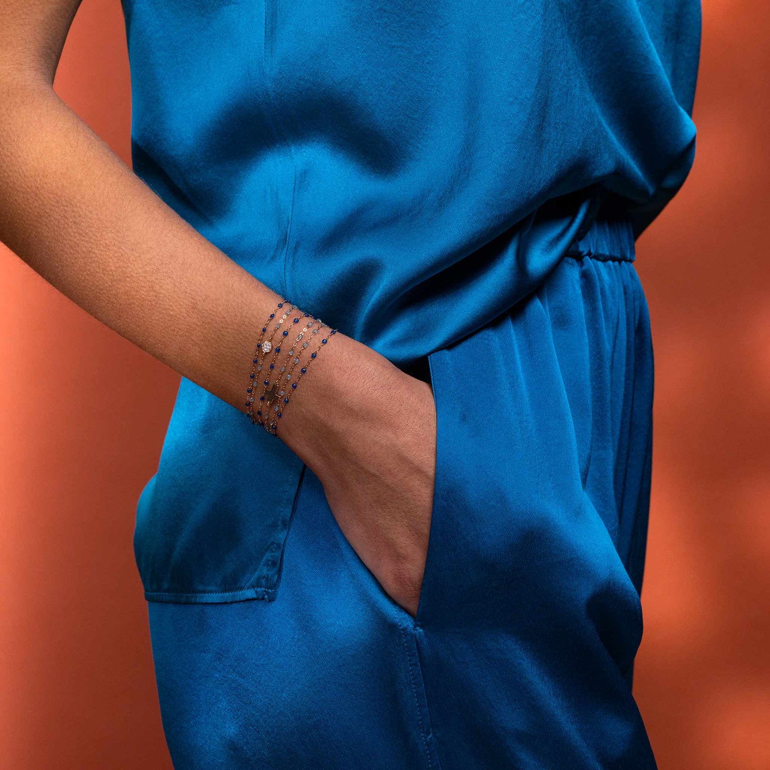 Gigi Clozeau - Bracelet aqua Croix, or rose, 17cm