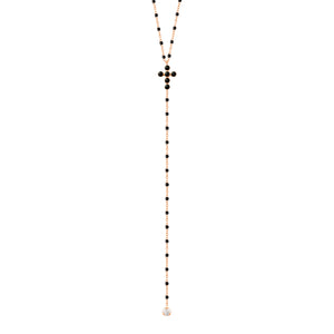 Gigi Clozeau - Chapelet noir Croix Perlée, diamants, or rose, 42 cm