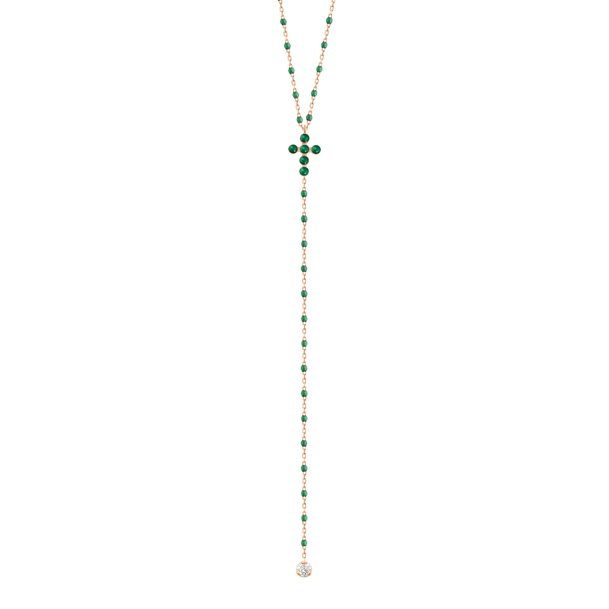 Gigi Clozeau - Collar estilo rosario esmeralda Croix Perlée, diamantes, oro rosa, 42 cm