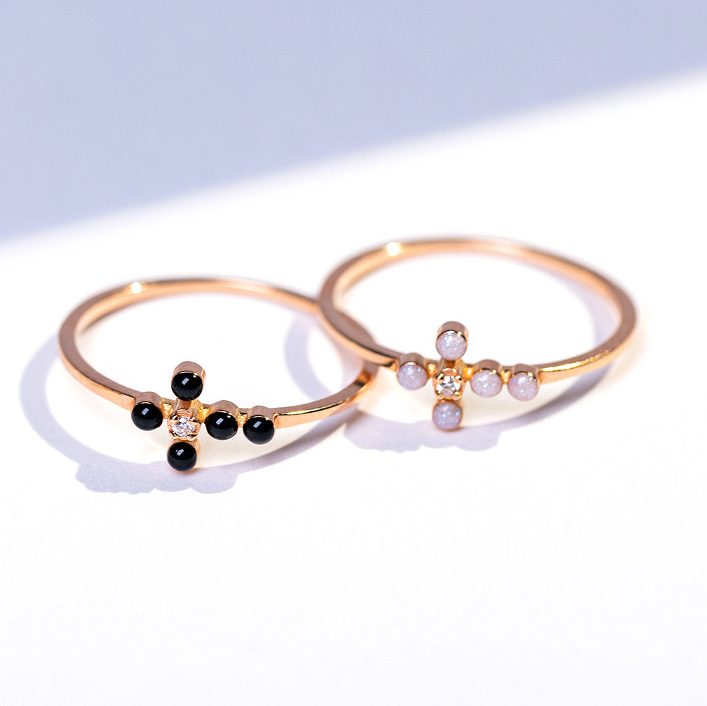 Gigi Clozeau - Bague noire Croix Perlée, diamant, or rose, T 50