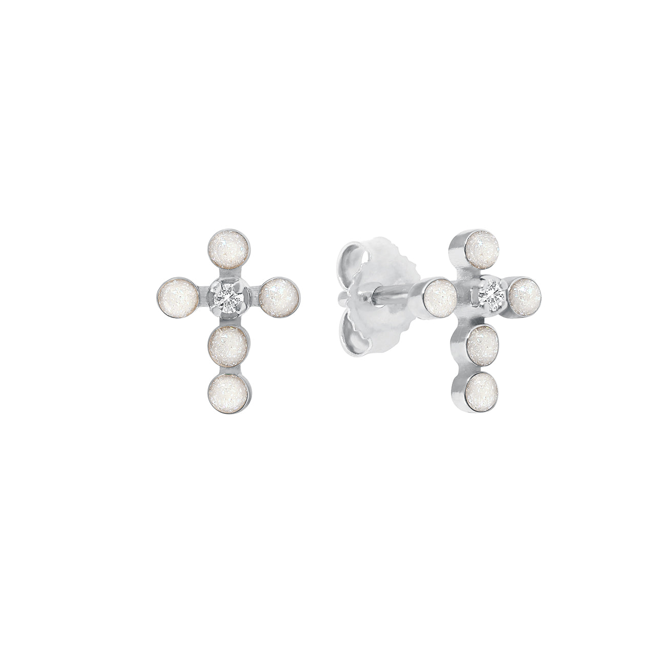Gigi Clozeau - Boucles d'oreilles opale Croix Perlée, or blanc, diamants