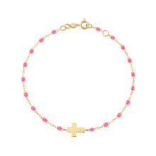 Gigi Clozeau - Bracelet enfant rose fluo Croix, or jaune, 15 cm