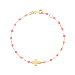 Gigi Clozeau - Bracelet enfant rose fluo Croix, or jaune, 15 cm