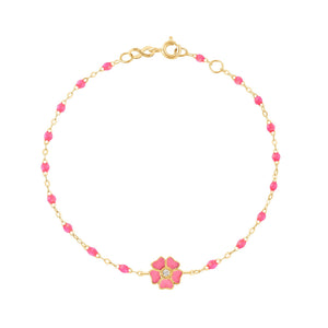 Gigi Clozeau - Bracelet rose fluo Fleur, diamant, or jaune, 17 cm