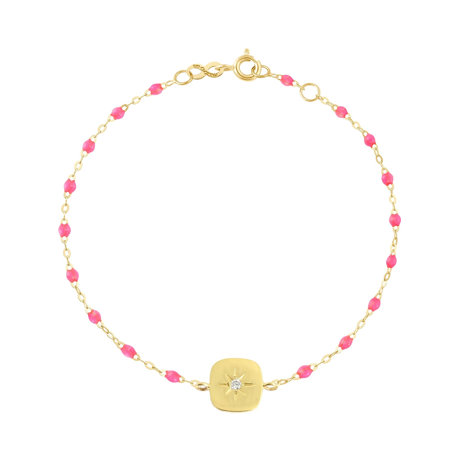 Gigi Clozeau - Bracelet rose fluo Miss Gigi diamant, or jaune, 17 cm
