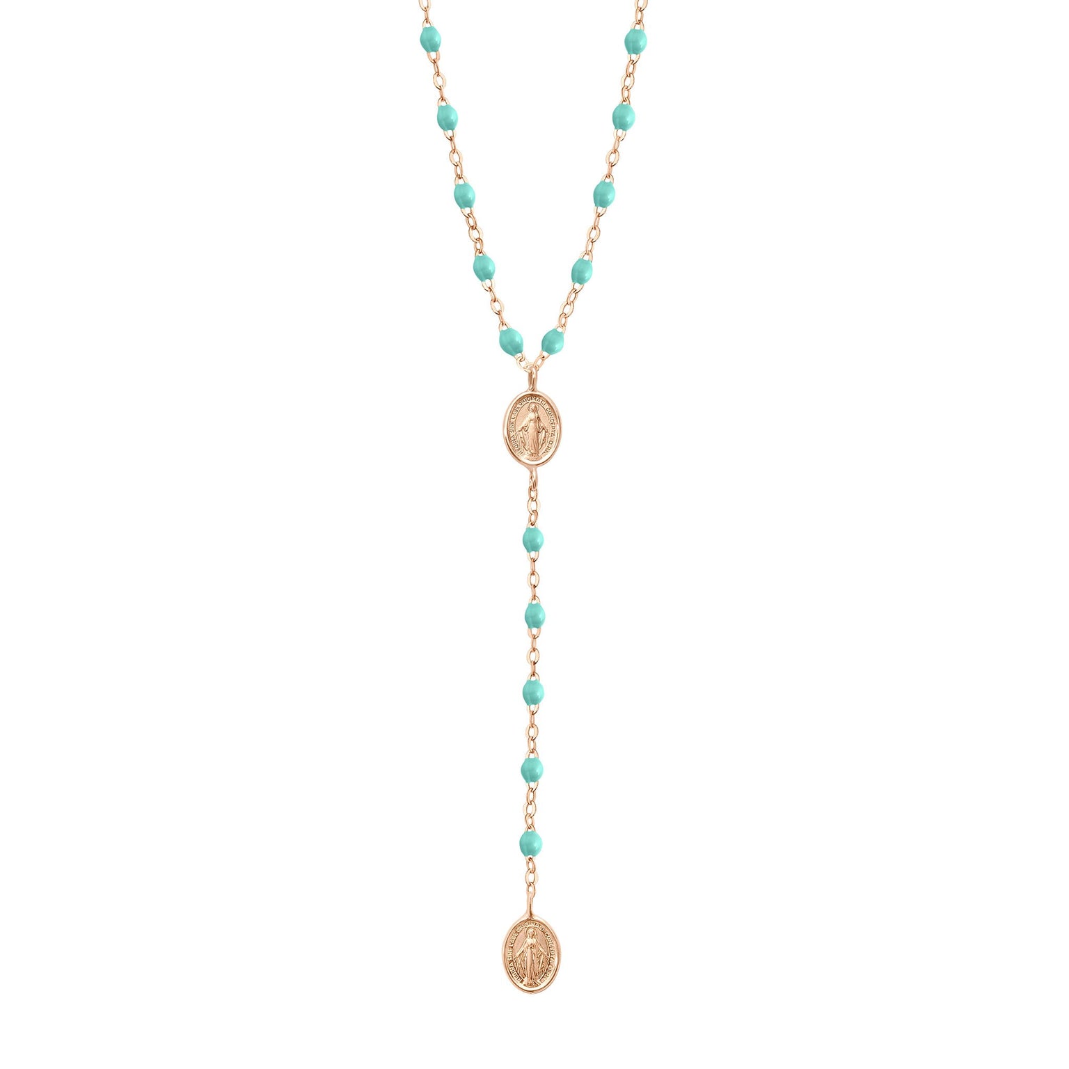 Gigi Clozeau - Chapelet Madone vert d'eau, or rose, 42 cm