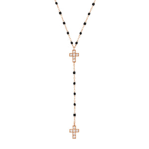 Gigi Clozeau - Chapelet noir Croix Diamants, or rose, 42 cm