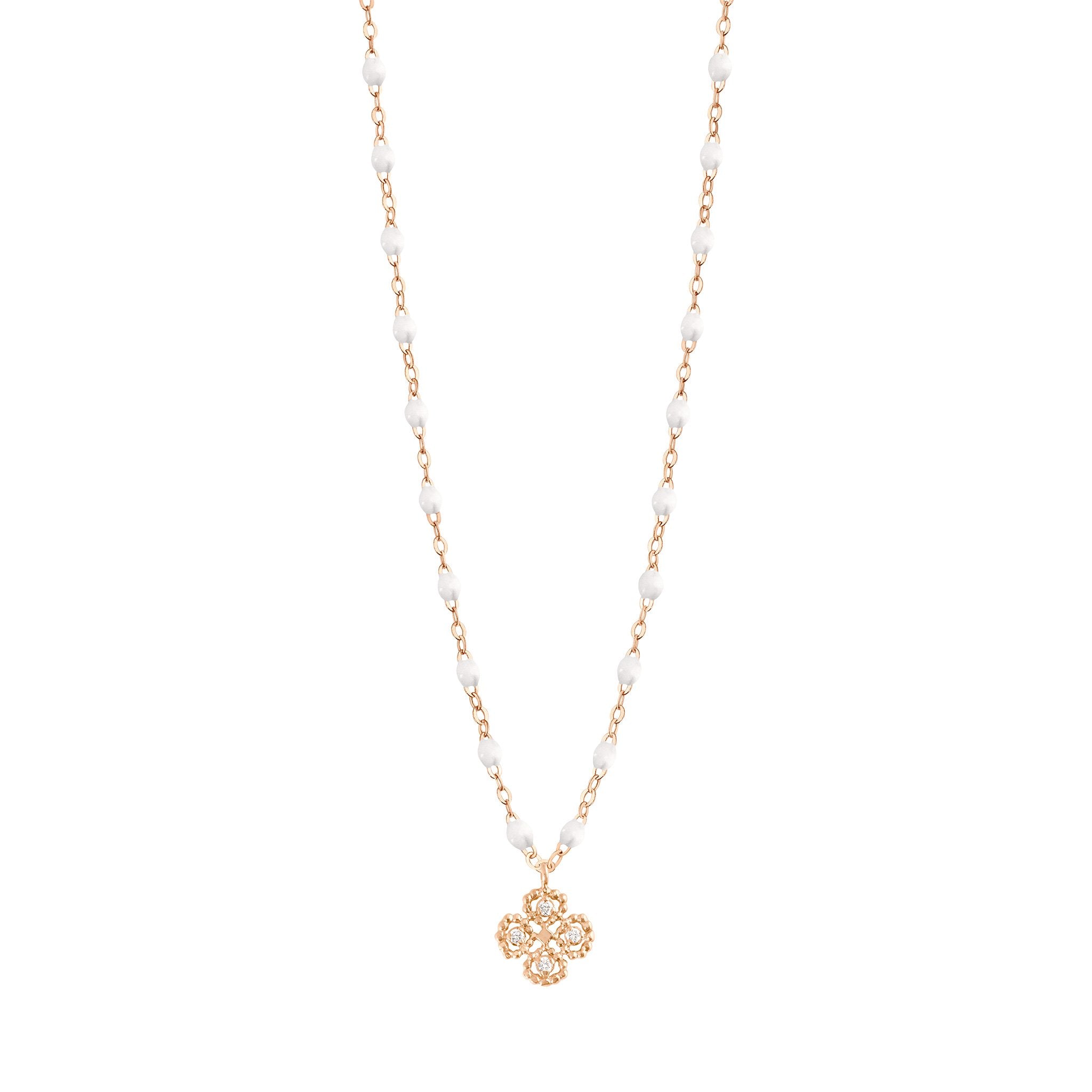 Gigi Clozeau - Collier blanc Lucky Trèfle, diamants, or rose, 42 cm