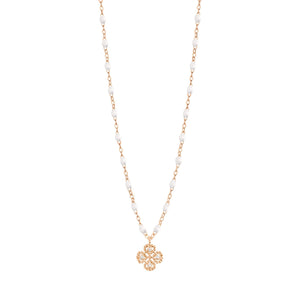 Gigi Clozeau - Collier blanc Lucky Trèfle, diamants, or rose, 42 cm