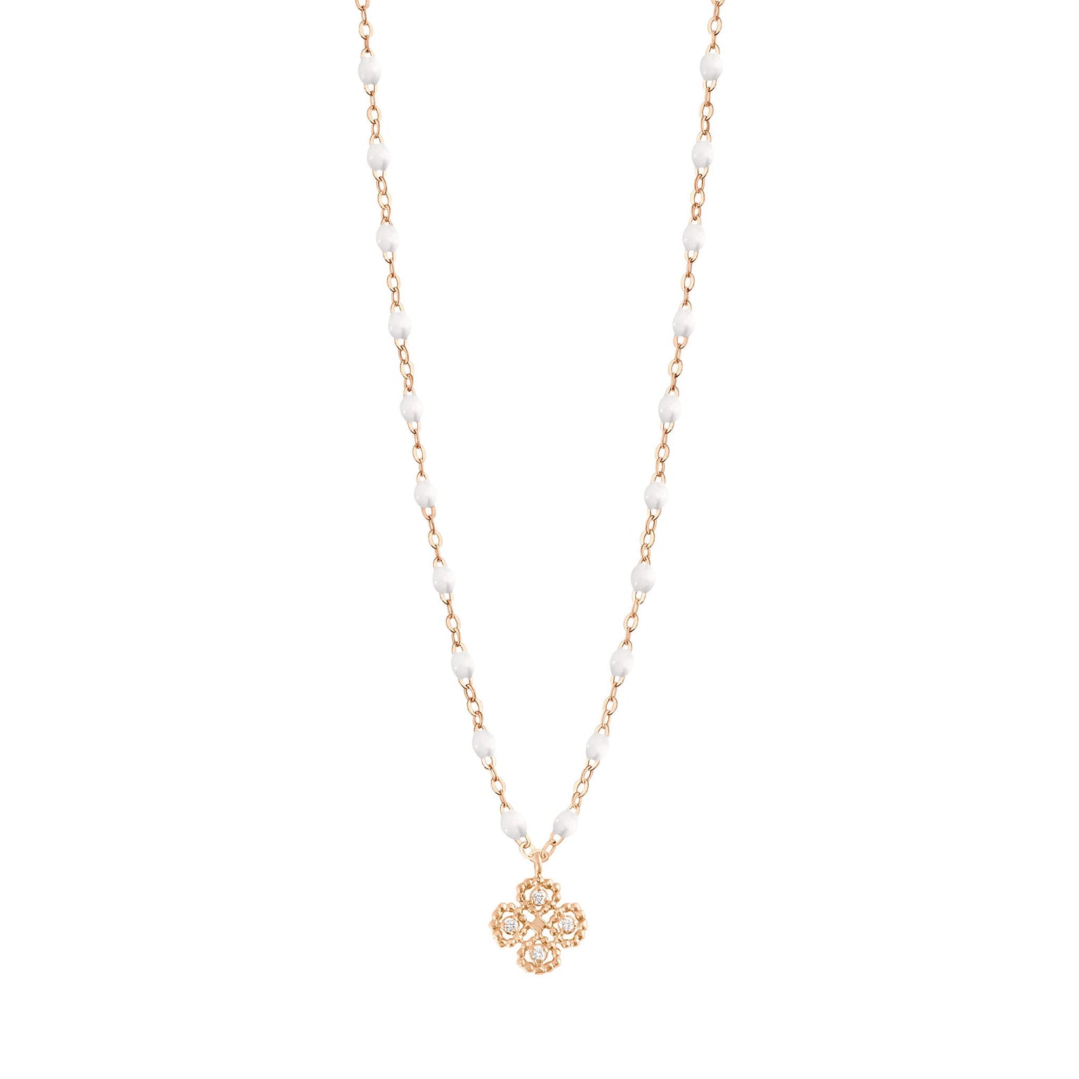 Gigi Clozeau - Collier blanc Lucky Trèfle, diamants, or rose, 42 cm