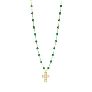 Gigi Clozeau - Collier émeraude Croix diamants, or jaune, 42 cm