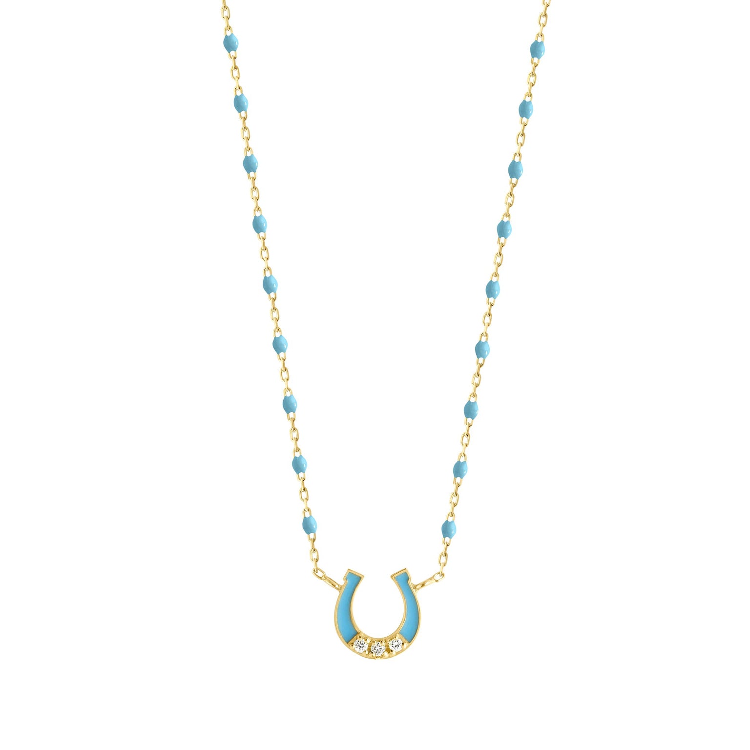 Gigi Clozeau - Collier Fer à cheval, or jaune, diamants et mini perles de résine turquoise, 42 cm