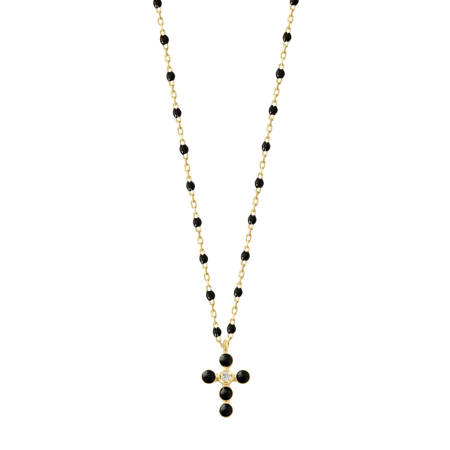 Gigi Clozeau - Collier noir Croix Perlée, or jaune, 1 diamant, 42 cm