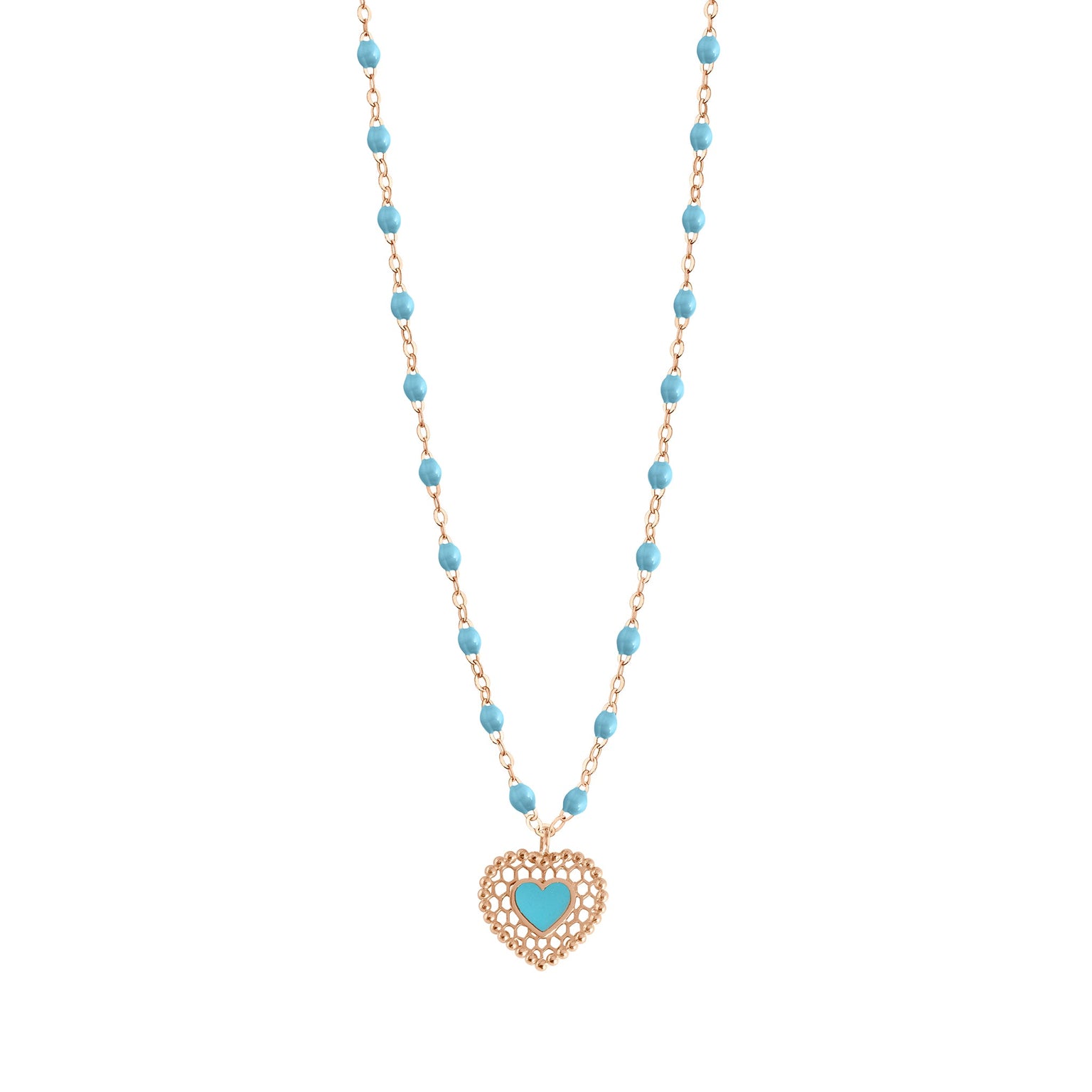 Gigi Clozeau - Collier turquoise Cœur Dentelle, or rose, 42 cm